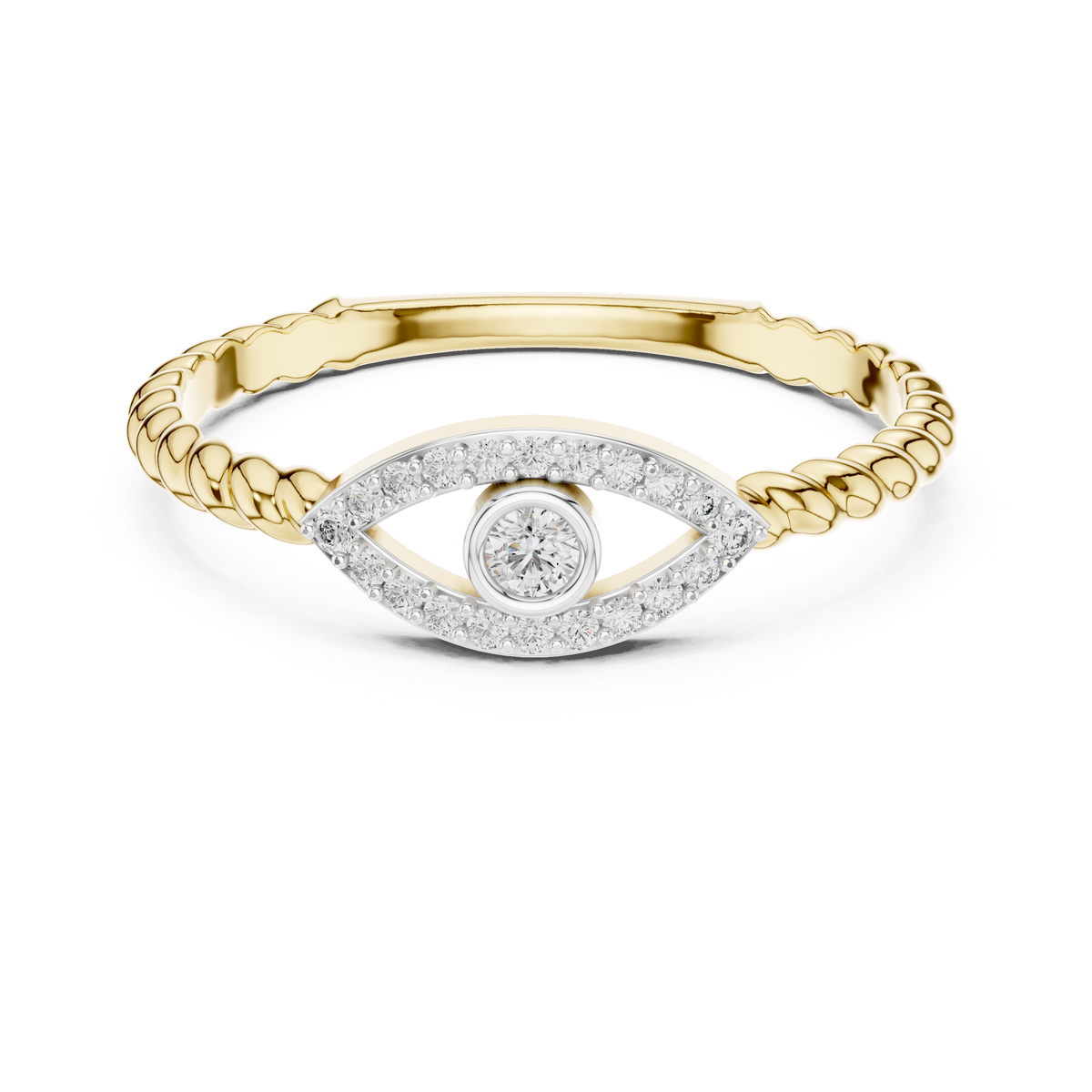 Evil Eye Moissanite Ring with Rope Shank in yellow 925 sterling silver, view 4
