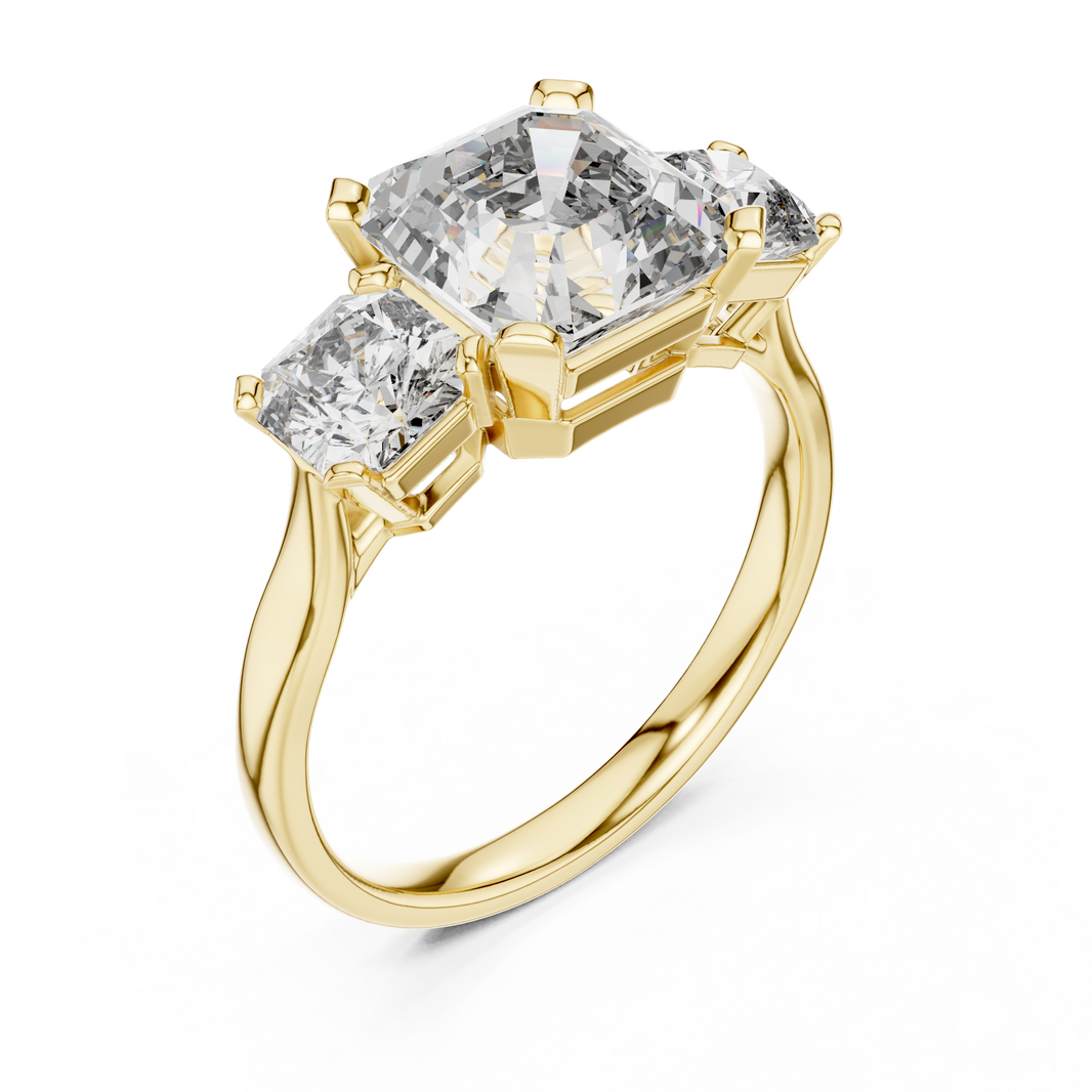 Asscher Cut Three Stone Moissanite Statement Ring in yellow 925 sterling silver, view 2