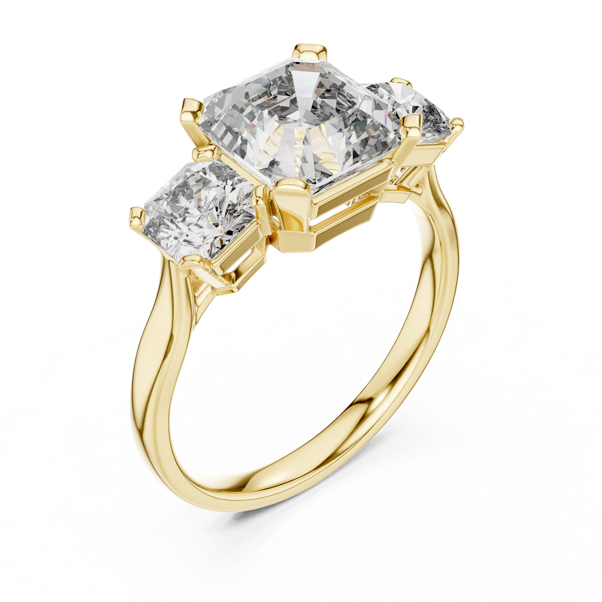 Asscher Cut Three Stone Moissanite Statement Ring in yellow 925 sterling silver, view 2