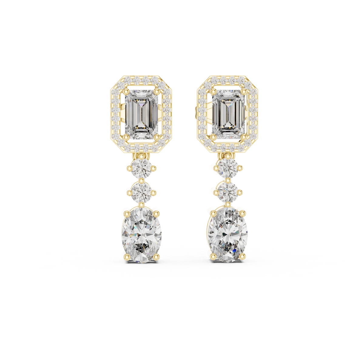 Emerald Halo Moissanite Oval Drop Earrings in yellow 925 sterling silver, view 4