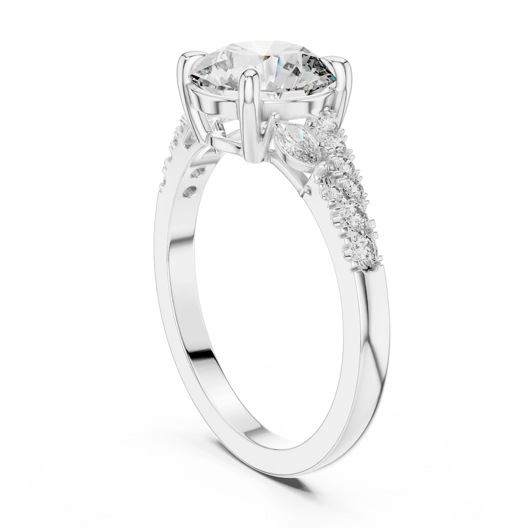 Round Moissanite Engagement Ring with Marquise Accents in white 925 sterling silver, view 1