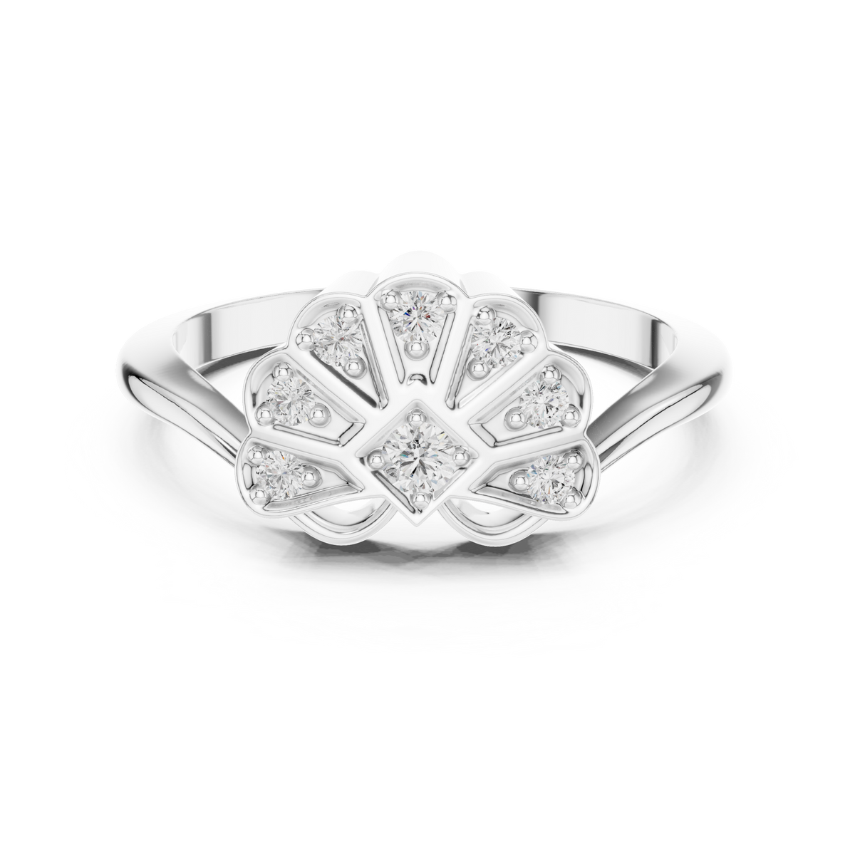 Art Deco Scalloped Fan Moissanite Cluster Ring in white 925 sterling silver, view 4