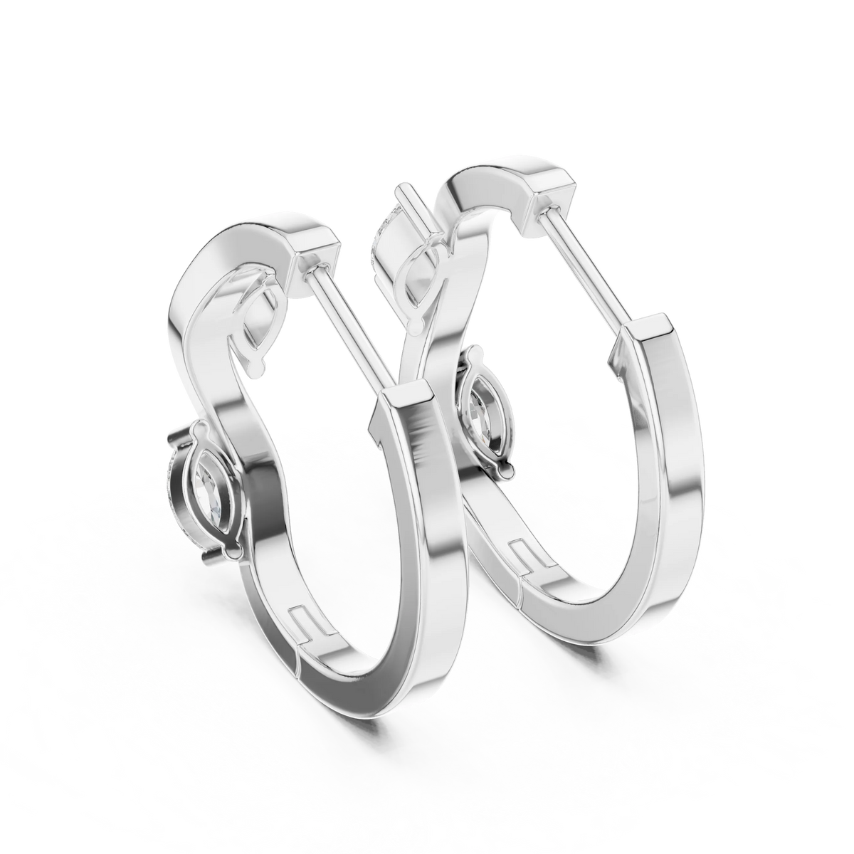 Marquise moissanite wave huggie hoop earrings in white 925 sterling silver, view 3