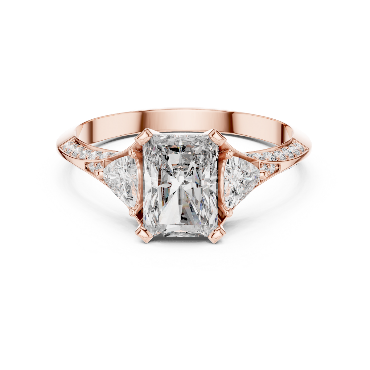 Radiant Cut and Curved Trillion Moissanite Ring with Pavé Split Shoulders in rose 925 sterling silver, view 4