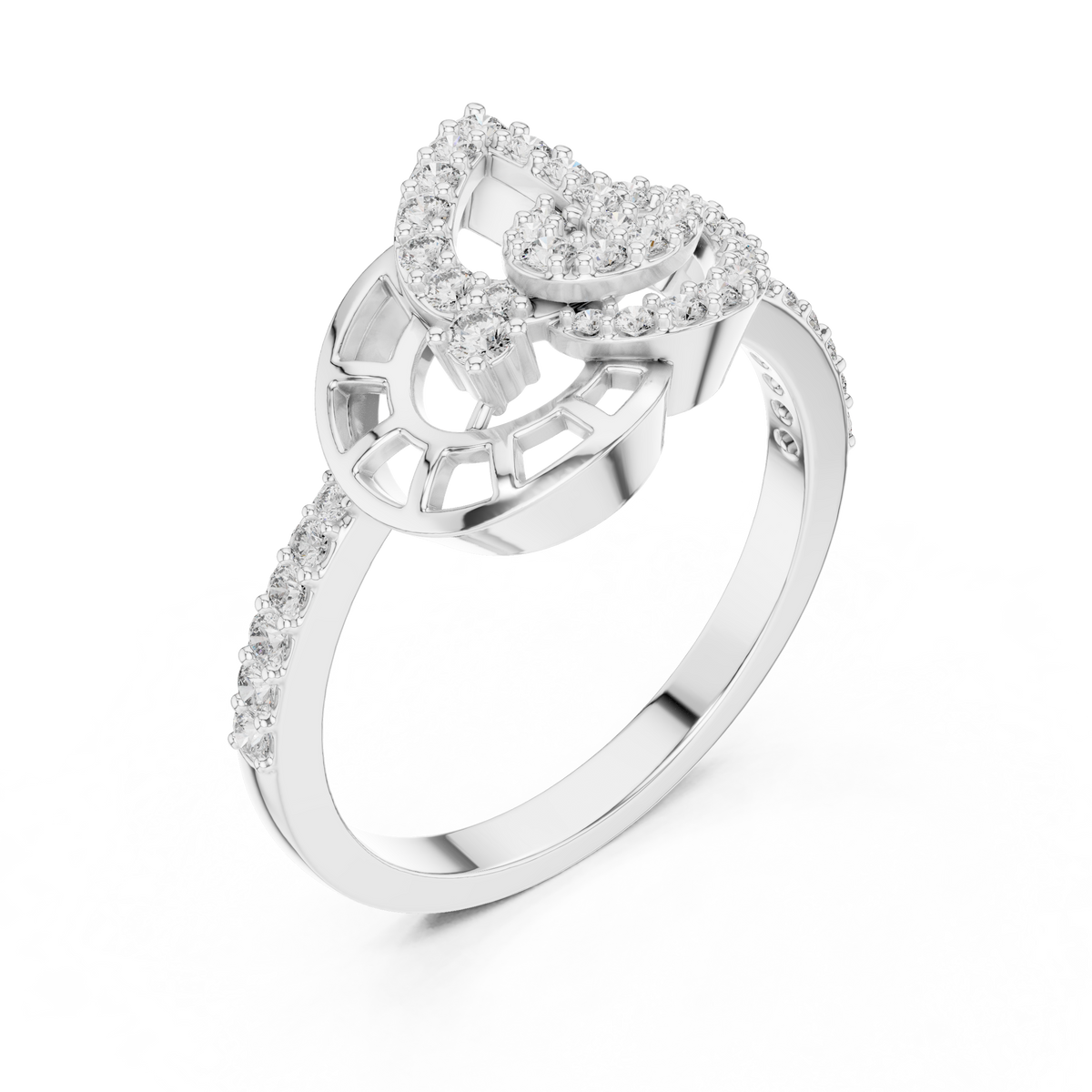 Pavé Leaf and Nautilus Swirl Moissanite Ring in white 925 sterling silver, view 2