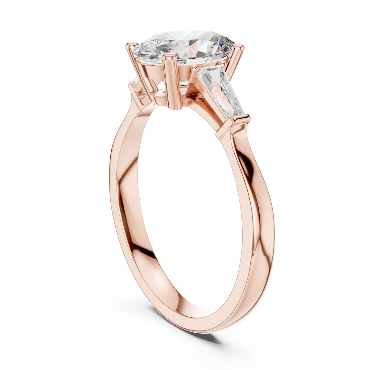 Oval Moissanite Ring with Tapered Baguette Sides in rose 925 sterling silver, view 1