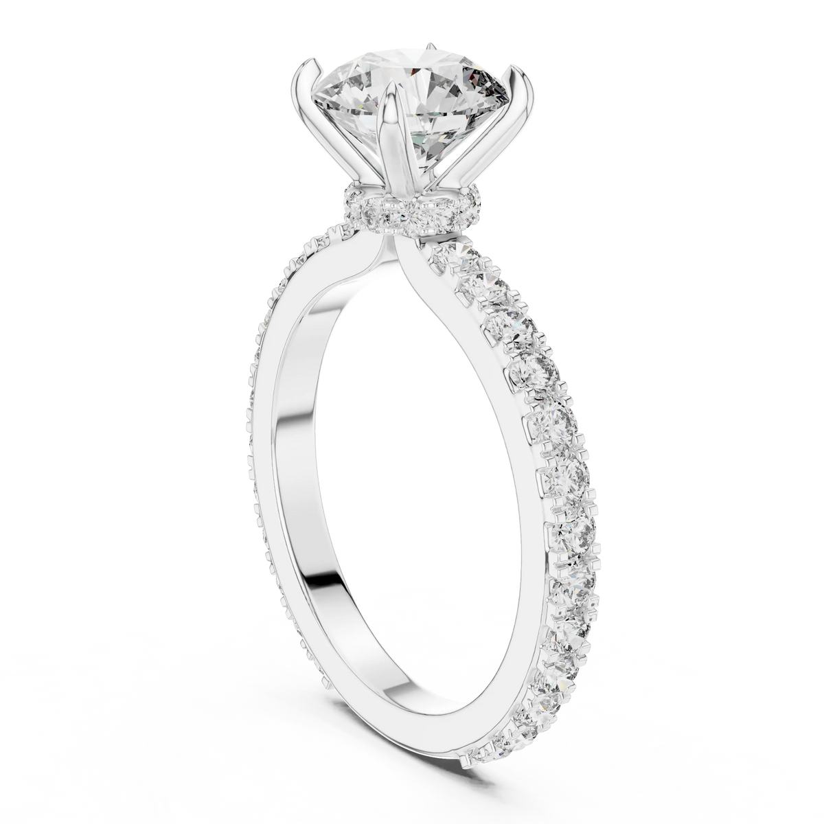 Round Solitaire Moissanite Ring with Hidden Halo and Pavé Band in white 925 sterling silver, view 1