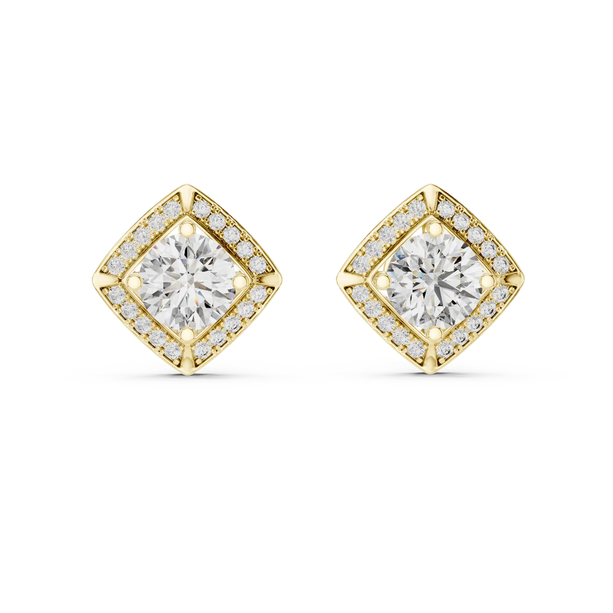 Round moissanite square halo stud earrings in yellow 925 sterling silver, view 4