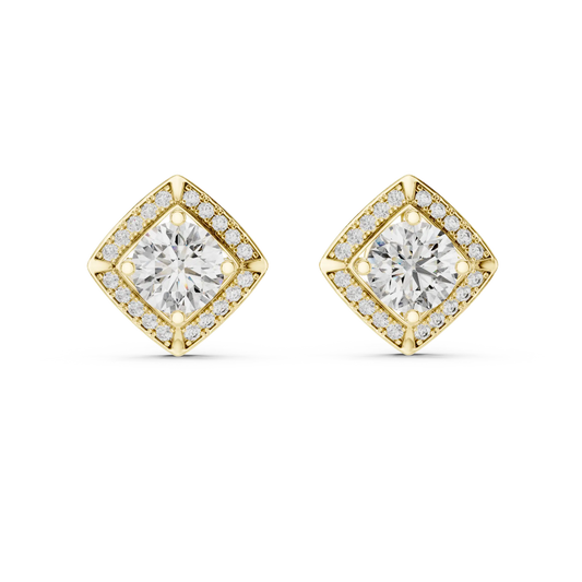 Round moissanite square halo stud earrings in yellow 925 sterling silver, view 4