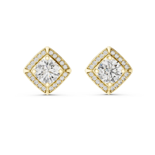 Round moissanite square halo stud earrings in yellow 925 sterling silver, view 4