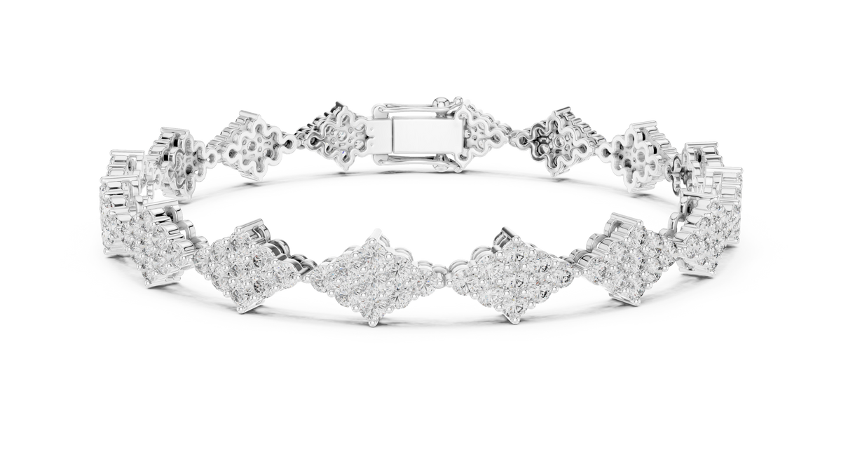 Diamond Shape Cluster Moissanite Bracelet in white 925 sterling silver, view 1