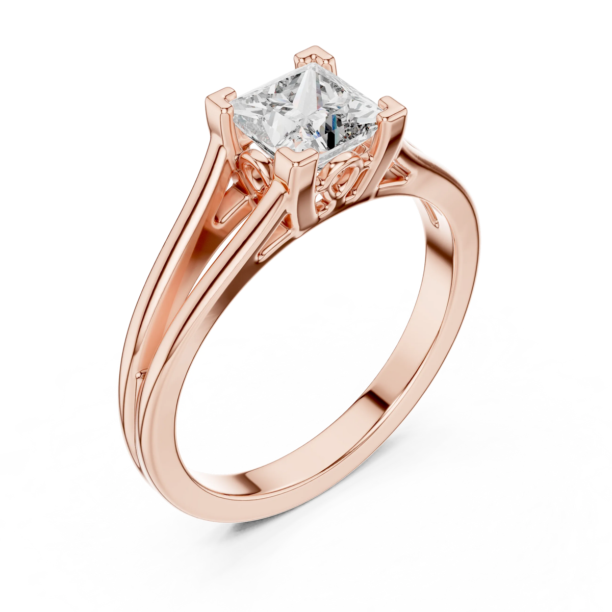 Princess Cut Solitaire Moissanite Split Shank Ring in rose 925 sterling silver, view 2
