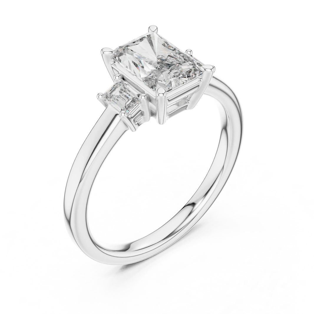 Radiant Cut Moissanite Ring with Baguette Side Stones in white 925 sterling silver, view 2