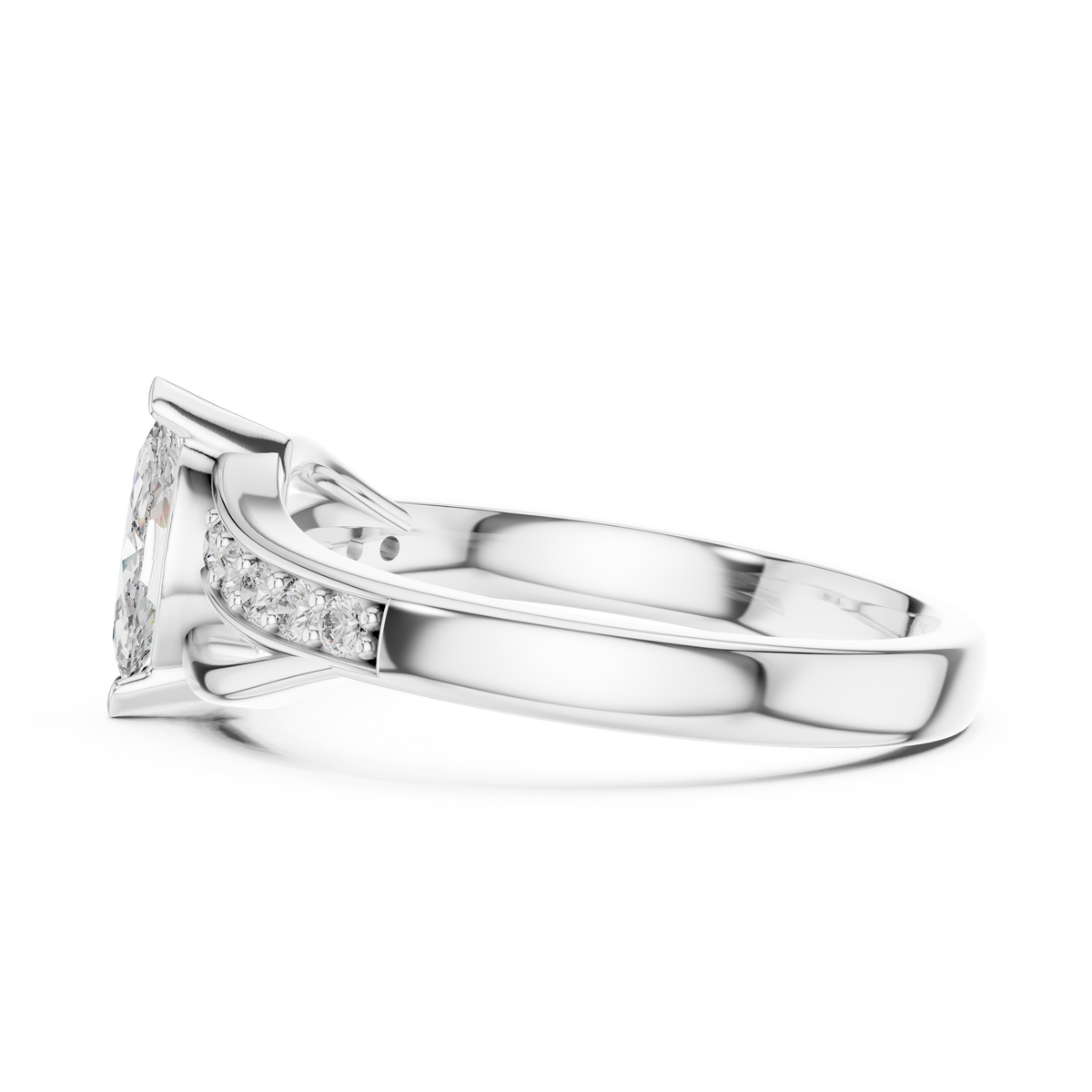 Marquise Bypass Moissanite Ring with Pavé Shoulders in white 925 sterling silver, view 3