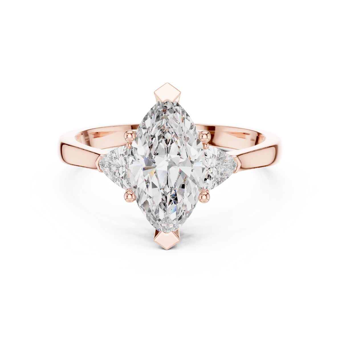 Marquise and Trillion Three Stone Moissanite Ring in rose 925 sterling silver, view 4