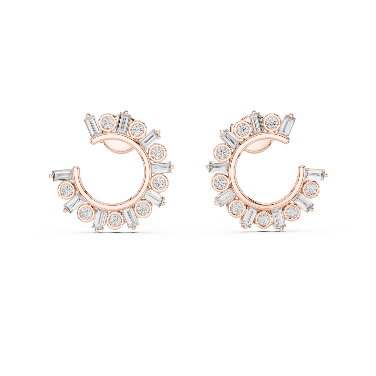 Baguette and round moissanite front hoop earrings in rose 925 sterling silver, view 4
