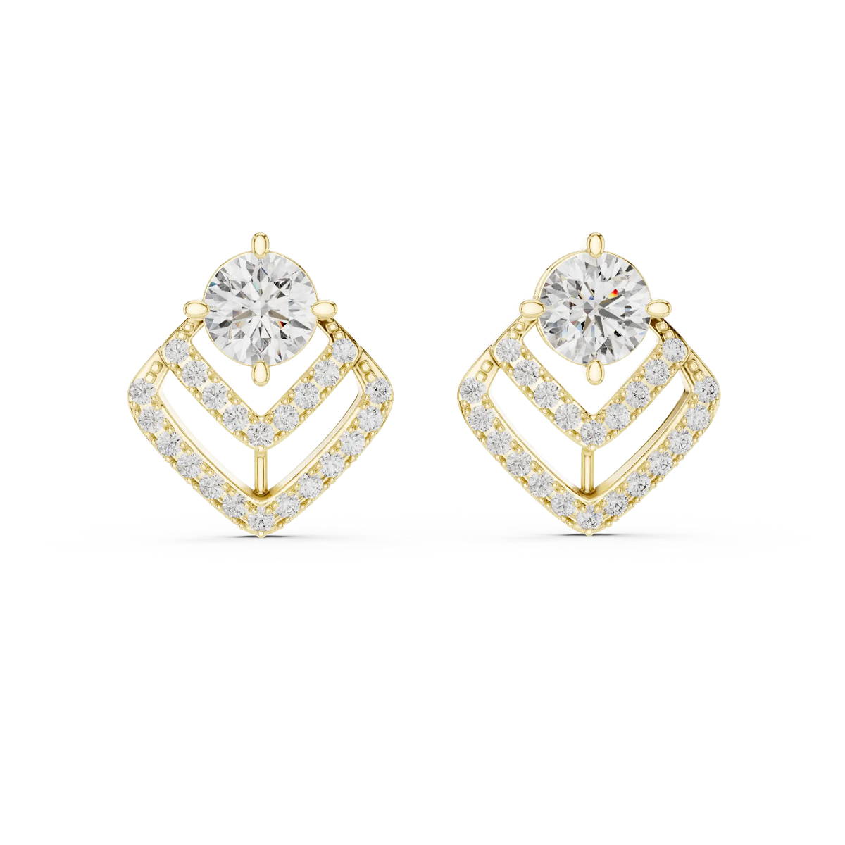 Round moissanite pave chevron stud earrings in yellow 925 sterling silver, view 4
