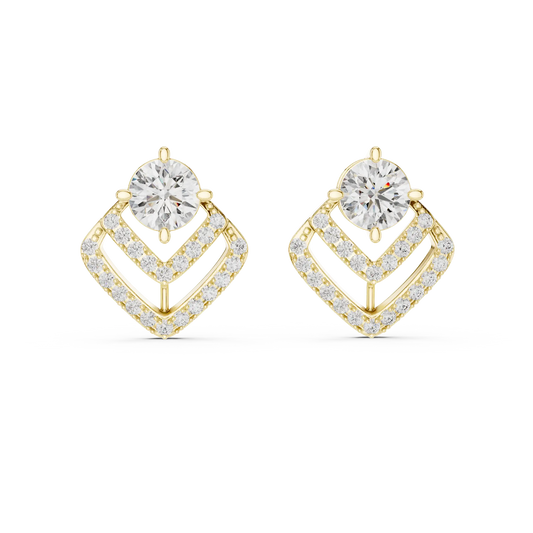 Round moissanite pave chevron stud earrings in yellow 925 sterling silver, view 4