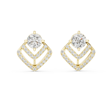 Round moissanite pave chevron stud earrings in yellow 925 sterling silver, view 4