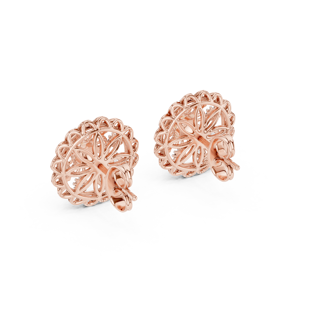 Moissanite Mandala Flower Stud Earrings in rose 925 sterling silver, view 3