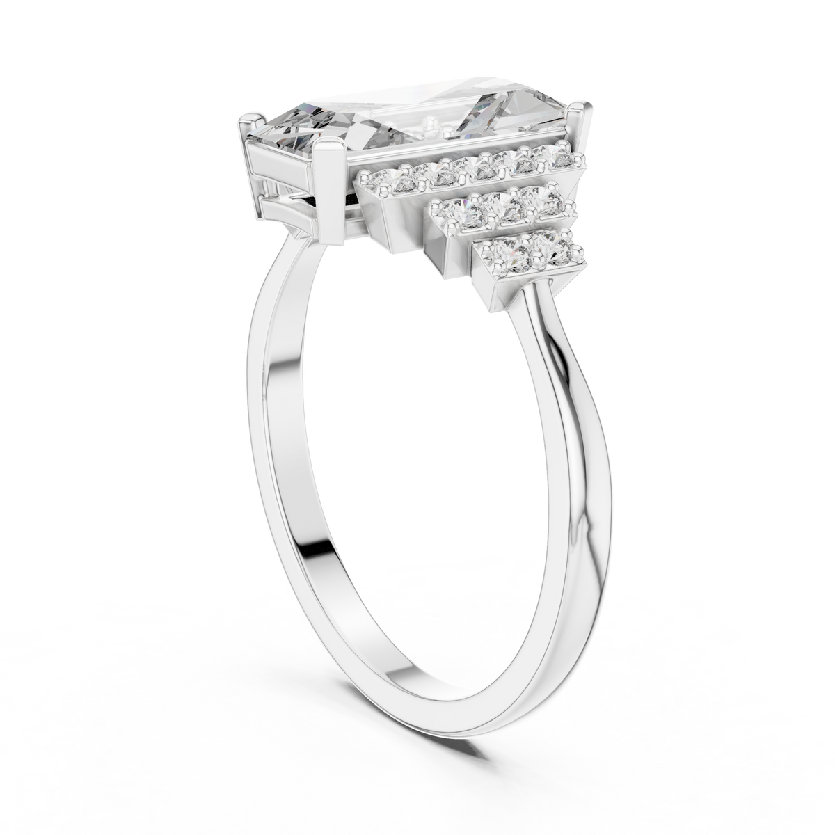 Elongated Emerald Cut Art Deco Moissanite Ring in white 925 sterling silver, view 1