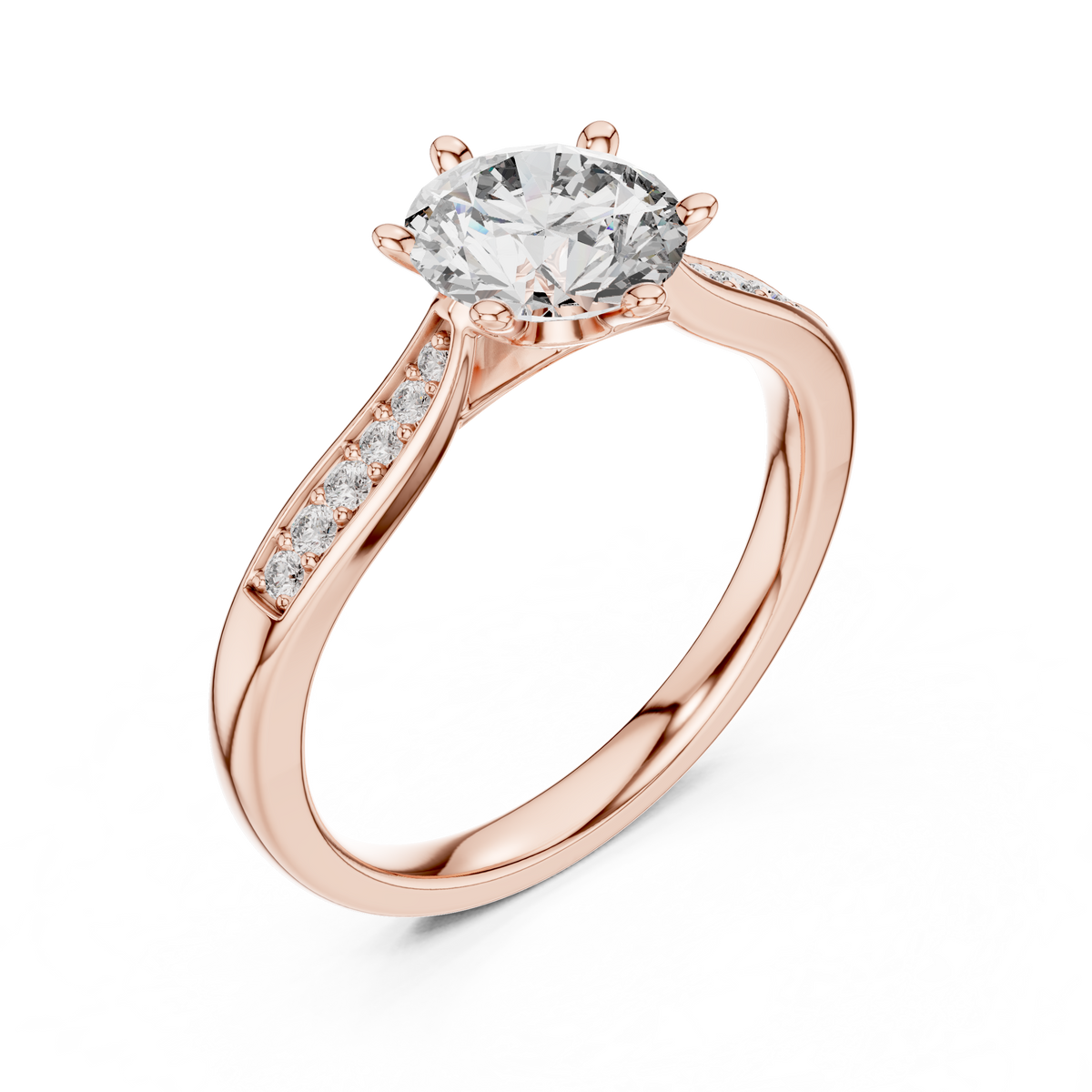 Round Six Prong Moissanite Ring with Pavé Shoulders in rose 925 sterling silver, view 2