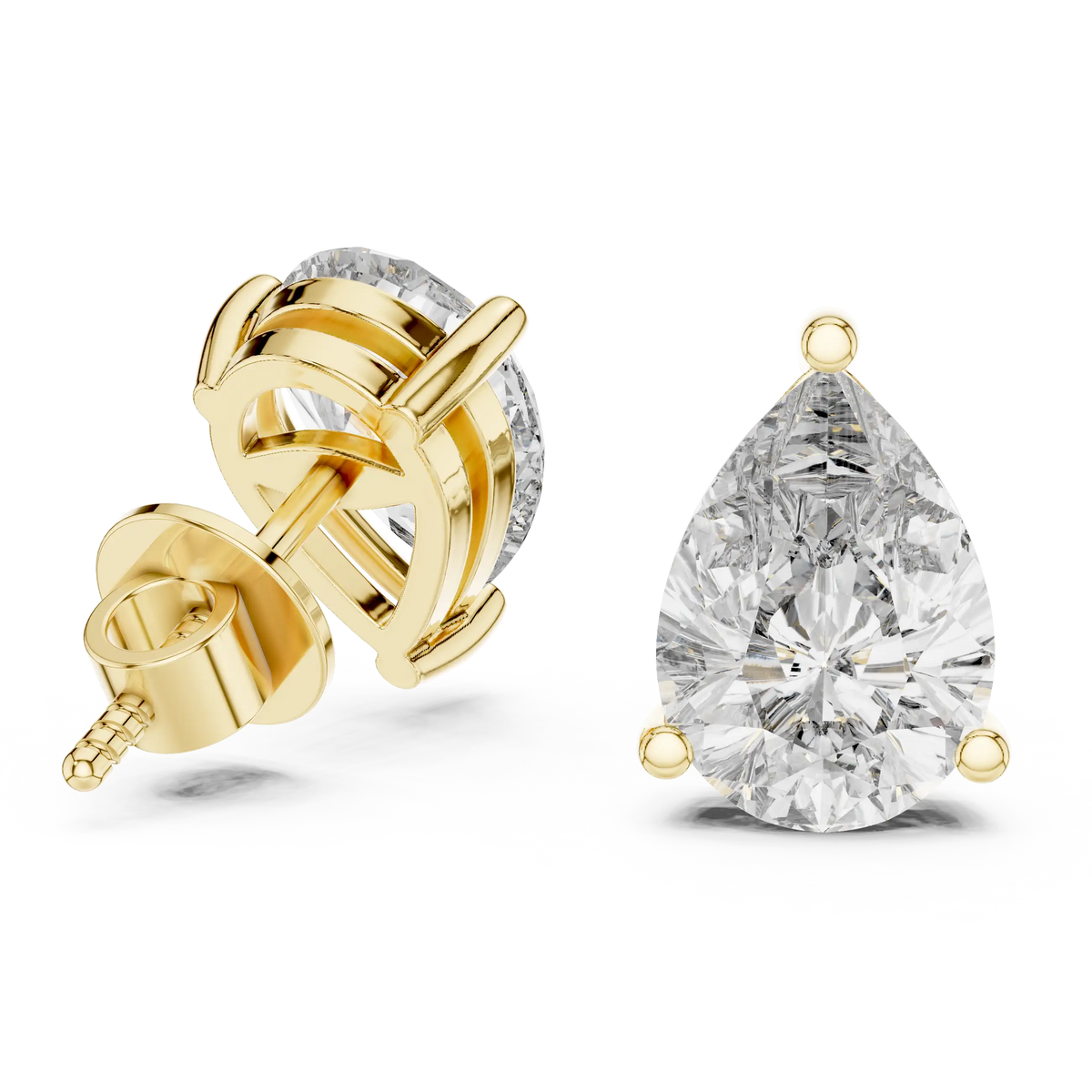 Pear moissanite stud earrings in yellow 925 sterling silver, three-prong basket, view 1