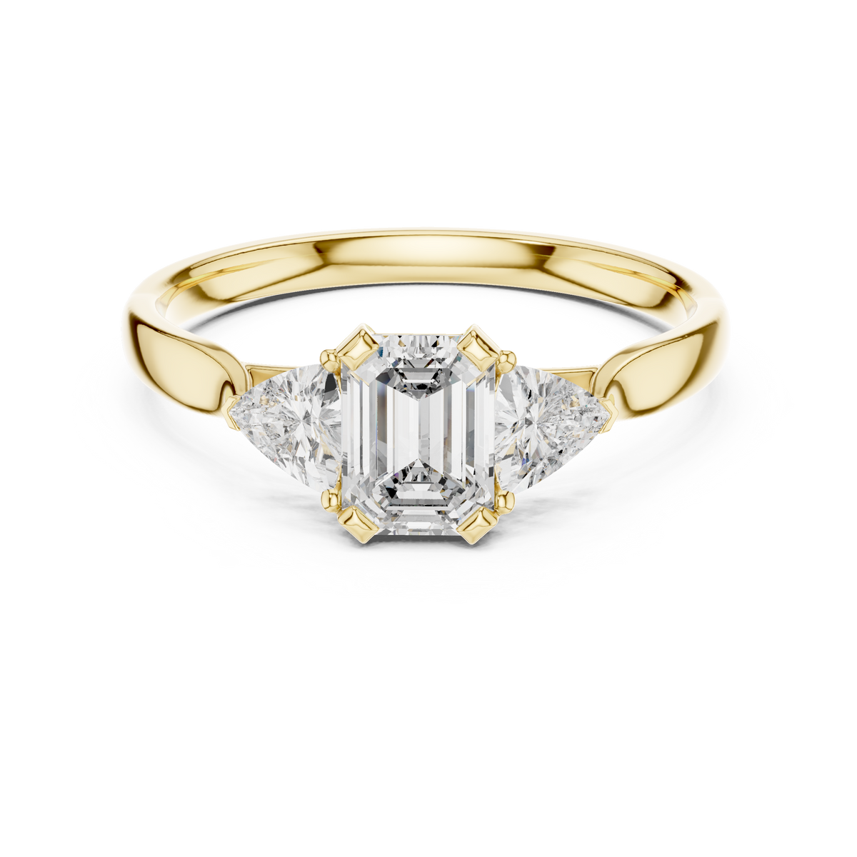 Emerald Cut and Trillion Three Stone Moissanite Ring in yellow 925 sterling silver, view 4
