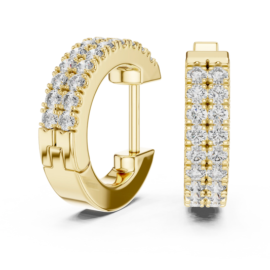 Moissanite double row pave huggie earrings in yellow 925 sterling silver, view 1