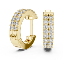 Moissanite double row pave huggie earrings in yellow 925 sterling silver, view 1