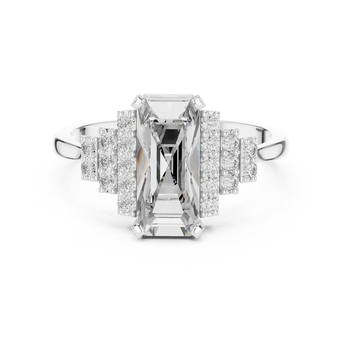 Elongated Emerald Cut Art Deco Moissanite Ring in white 925 sterling silver, view 4