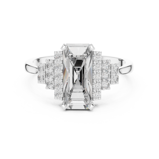 Elongated Emerald Cut Art Deco Moissanite Ring in white 925 sterling silver, view 4