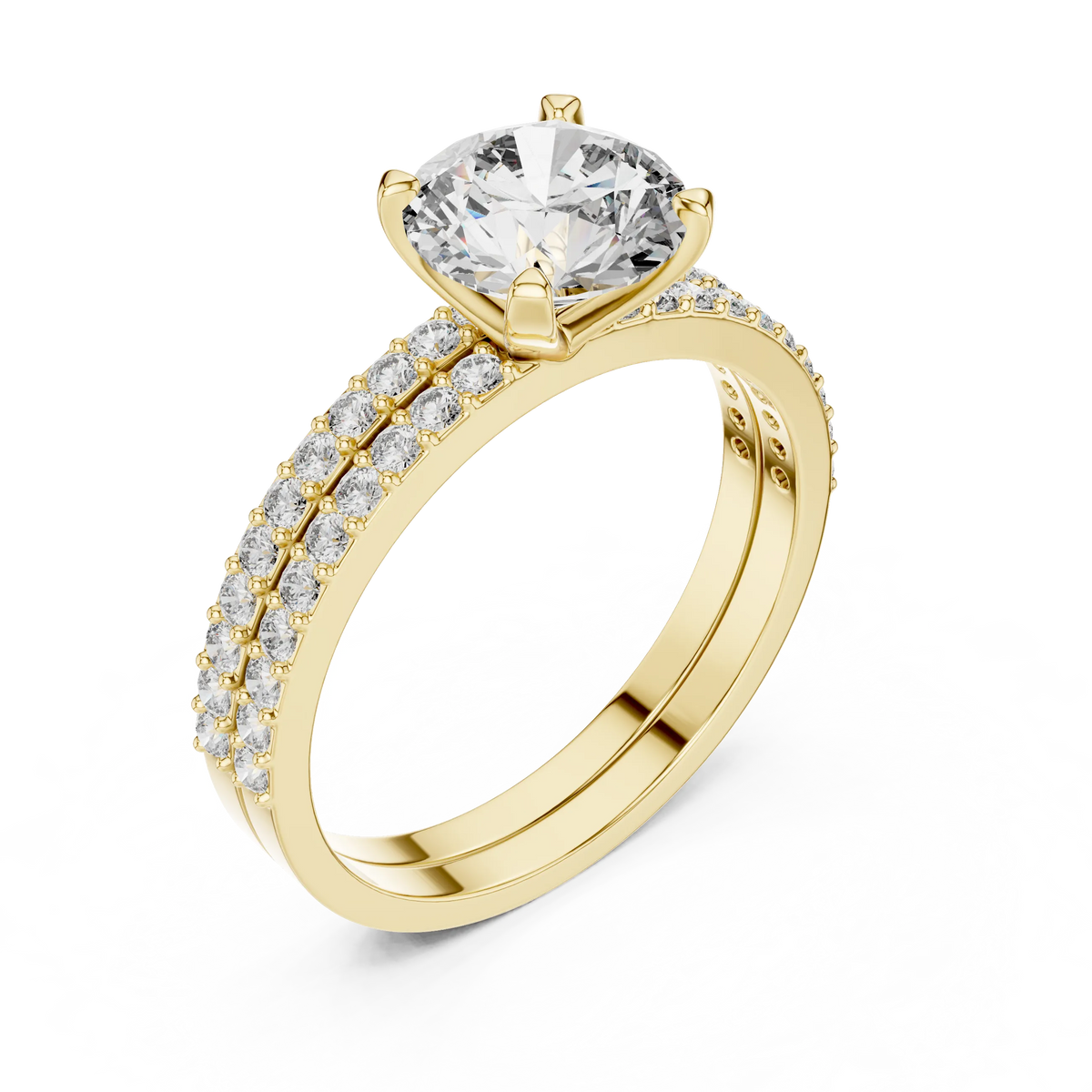 Round Solitaire Moissanite Ring with Double Pavé Band in yellow 925 sterling silver, view 2