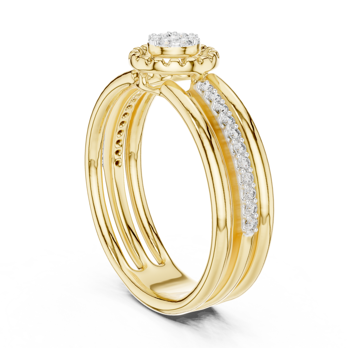 Triple Row Cluster Moissanite Ring in yellow 925 sterling silver, view 1