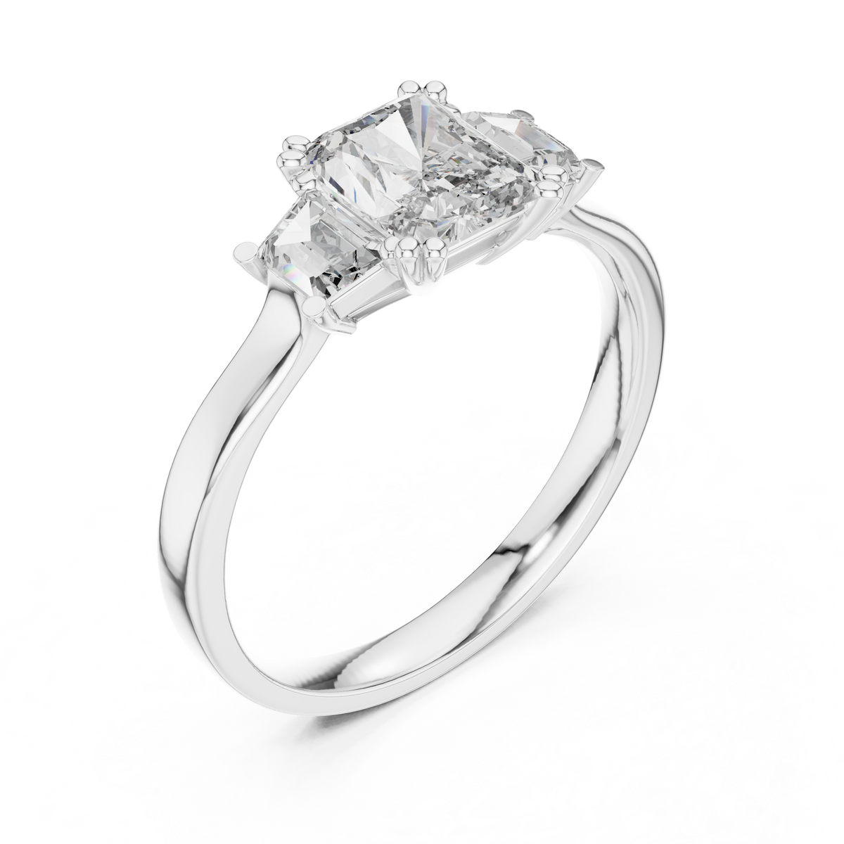 Radiant Cut Moissanite Ring with Trapezoid Side Stones in white 925 sterling silver, view 2