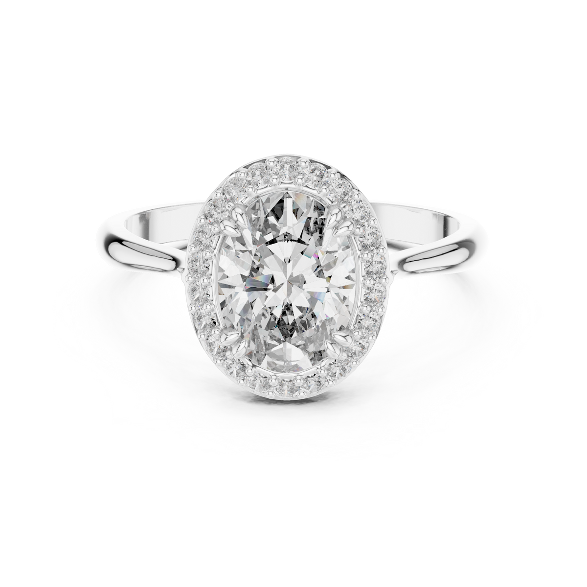 Oval Single Halo Moissanite Ring with Tapered Band in white 925 sterling silver, view 4