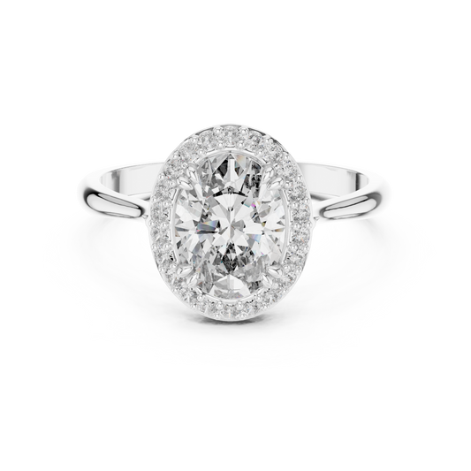 Oval Single Halo Moissanite Ring with Tapered Band in white 925 sterling silver, view 4
