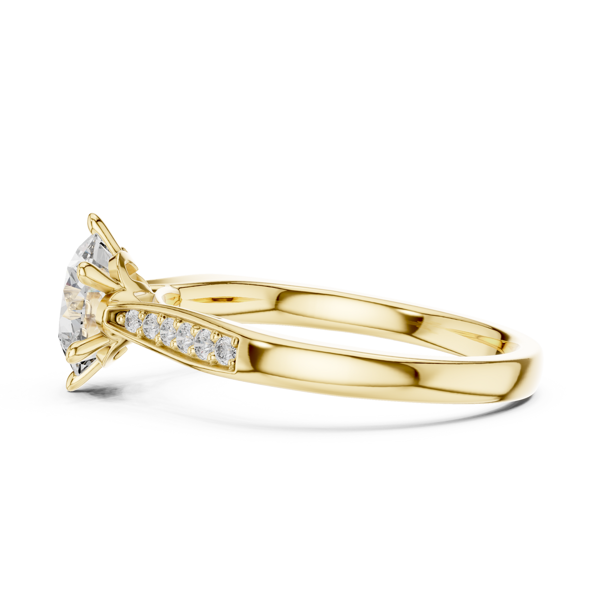 Round Six Prong Moissanite Ring with Pavé Shoulders in yellow 925 sterling silver, view 3