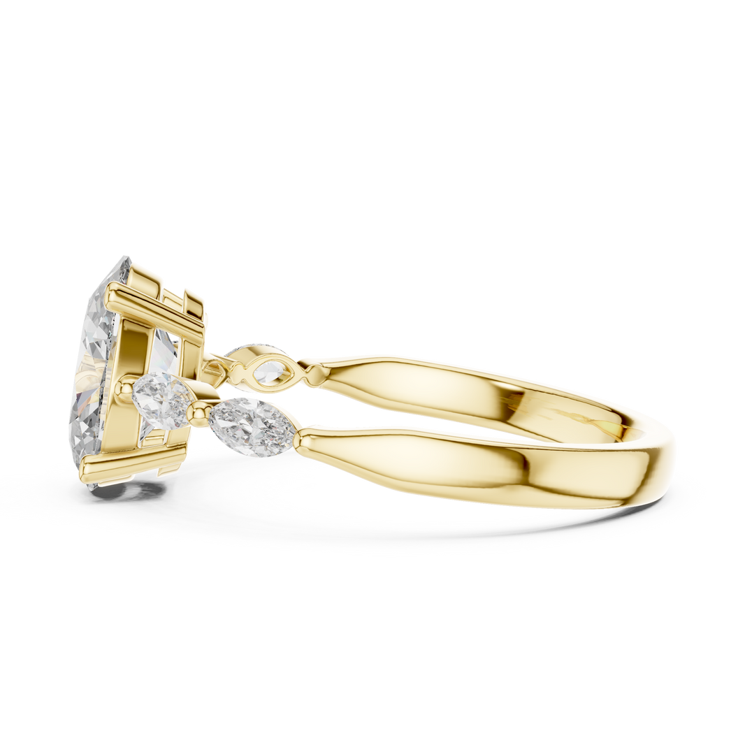Oval Moissanite Ring with Marquise Accent Shoulders in yellow 925 sterling silver, view 3