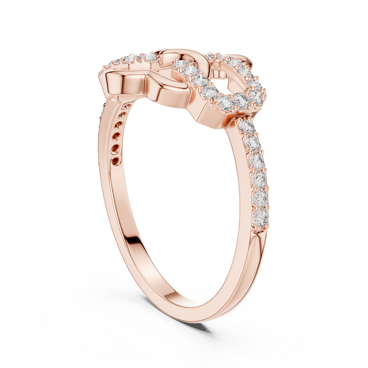 Open Heart and Link Moissanite Ring in rose 925 sterling silver, view 1