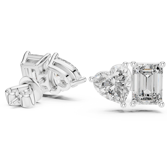 Heart and emerald moissanite toi et moi stud earrings in white 925 sterling silver, view 1