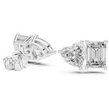 Heart and emerald moissanite toi et moi stud earrings in white 925 sterling silver, view 1