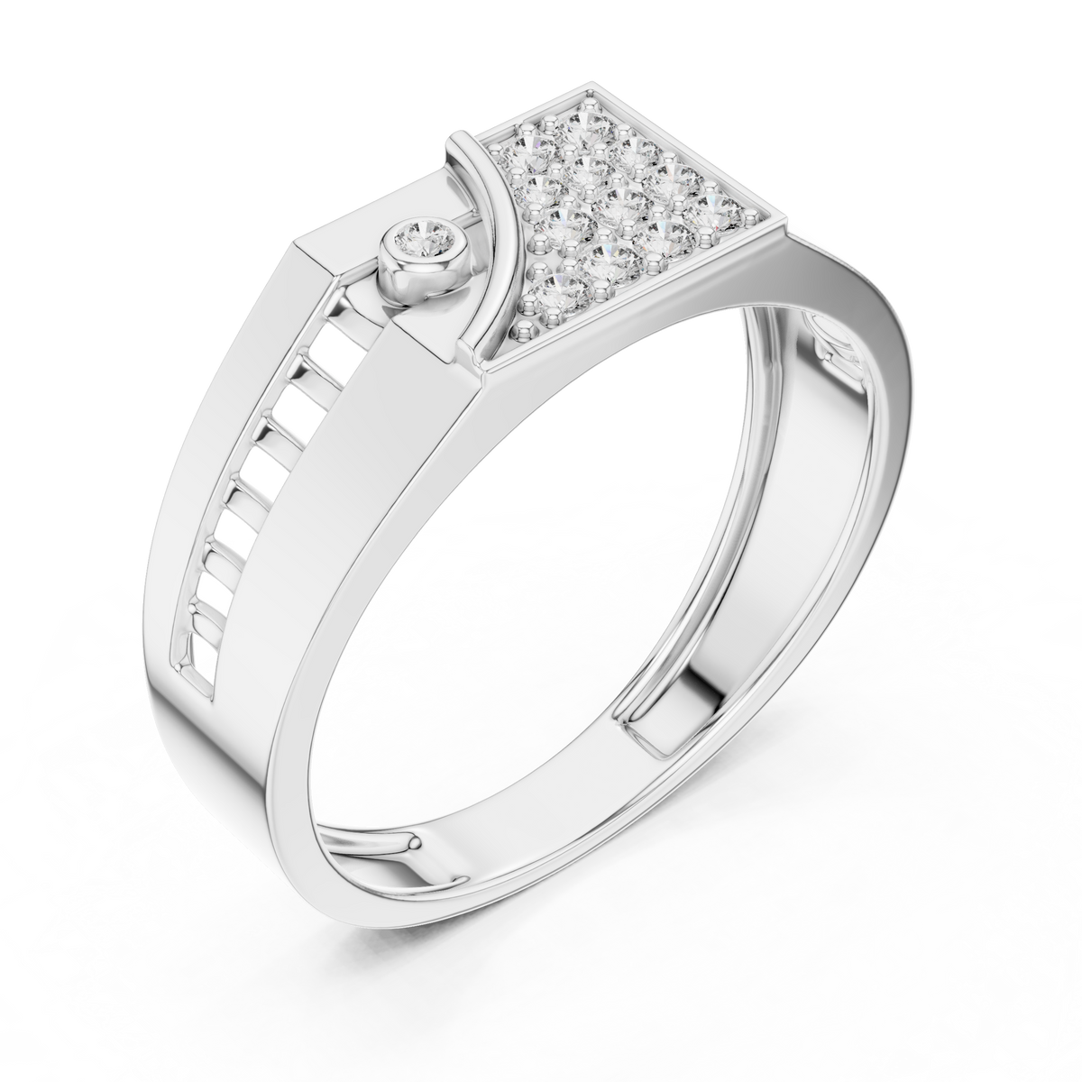 Men's Wide Signet Pavé Moissanite Ring with Bezel Accent in white 925 sterling silver, view 2
