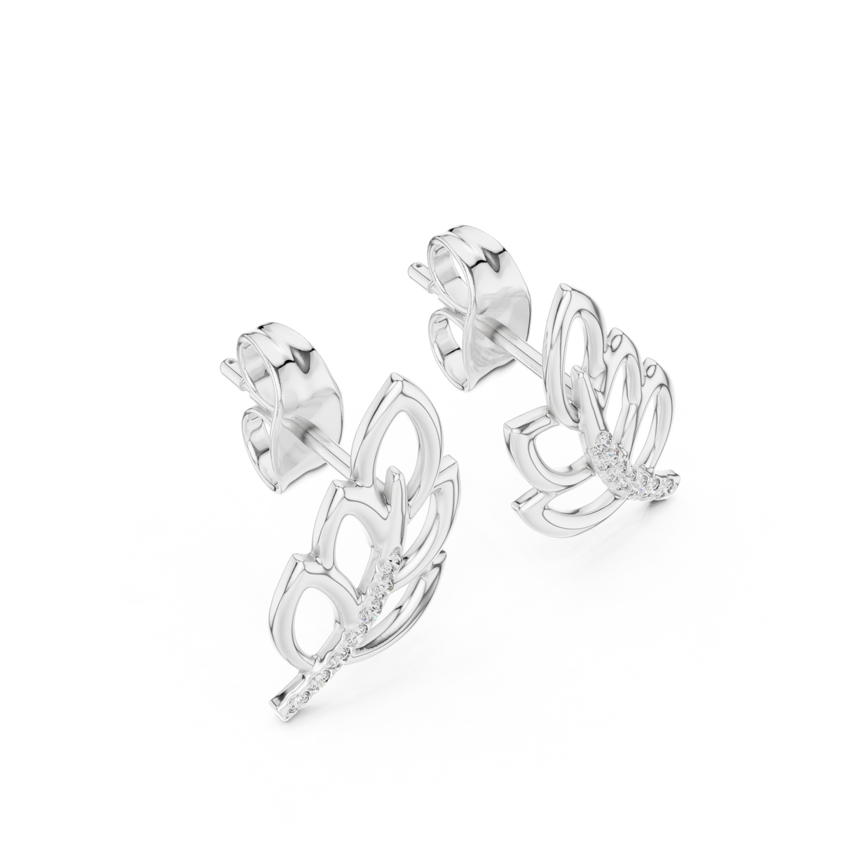 Moissanite Leaf Branch Stud Earrings in white 925 sterling silver, view 2