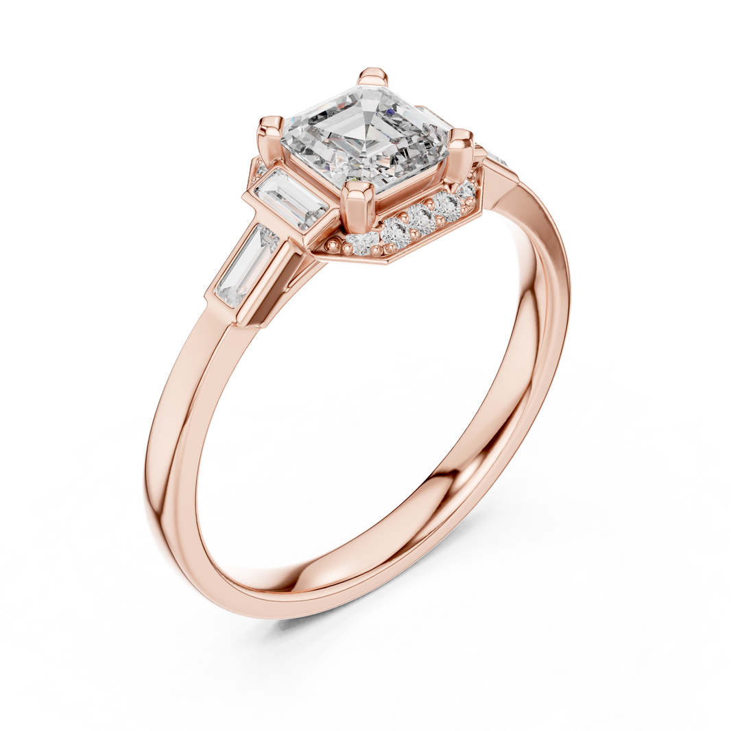 Asscher Cut Octagon Halo Moissanite Ring with Baguette Shoulders in rose 925 sterling silver, view 2