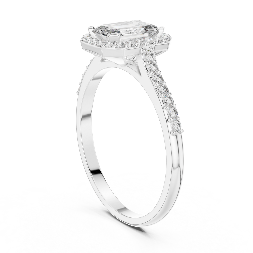 Emerald Cut Halo Moissanite Ring with Pavé Shoulders in white 925 sterling silver, view 1