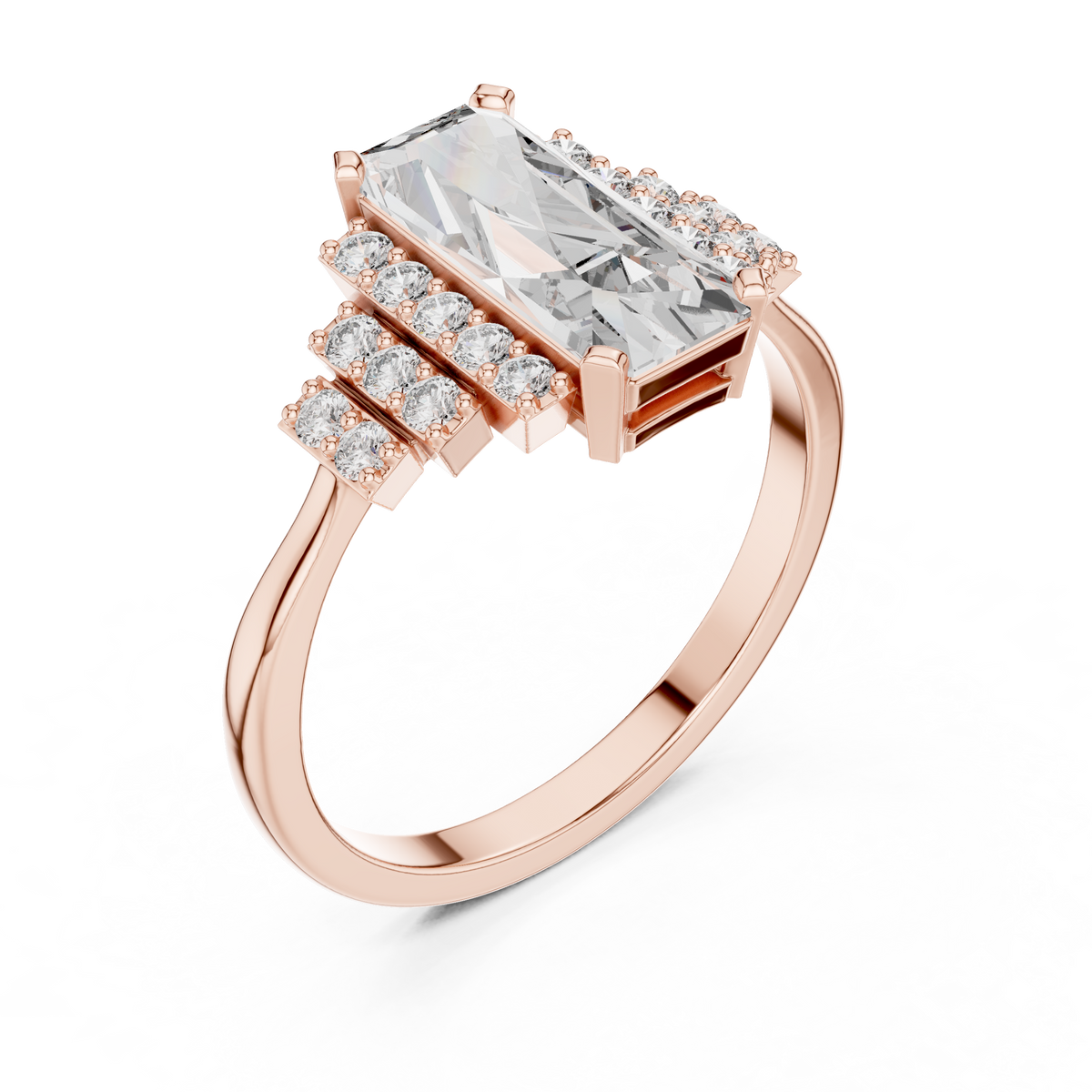 Elongated Emerald Cut Art Deco Moissanite Ring in rose 925 sterling silver, view 2