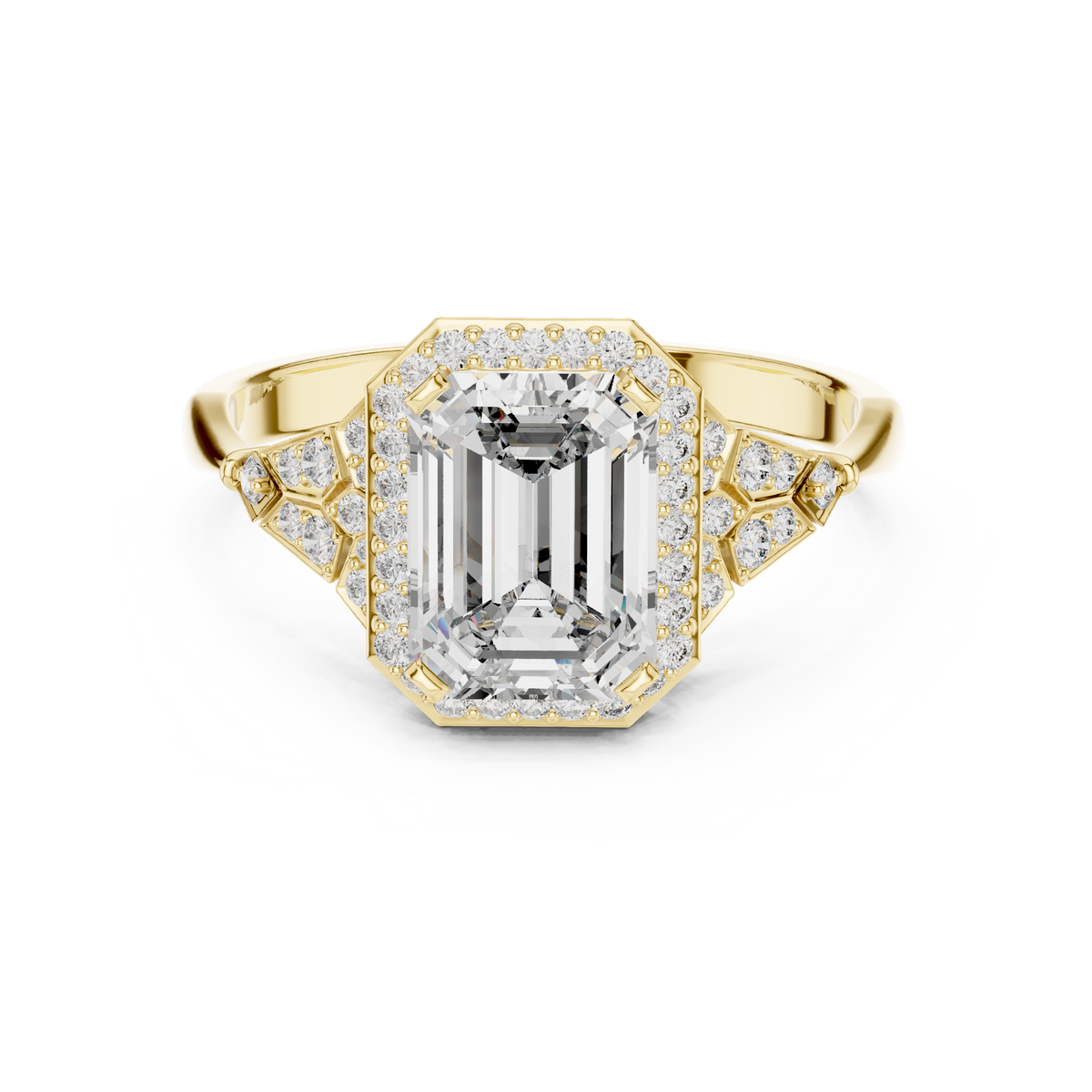 Emerald Cut Art Deco Halo Moissanite Ring in yellow 925 sterling silver, view 4