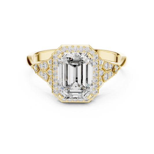 Emerald Cut Art Deco Halo Moissanite Ring in yellow 925 sterling silver, view 4