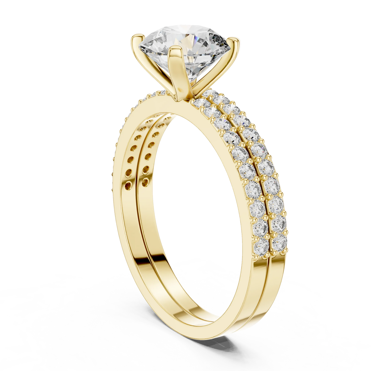 Round Solitaire Moissanite Ring with Double Pavé Band in yellow 925 sterling silver, view 1